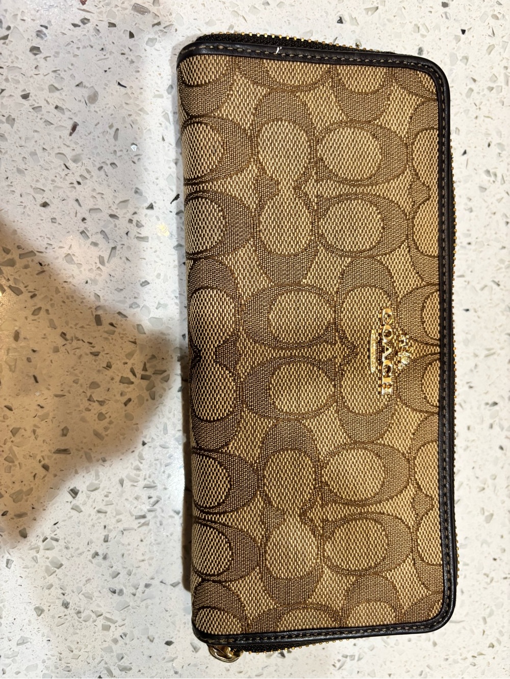 Coach Brown Signature Zip-Around Wallet with Gold Logo
